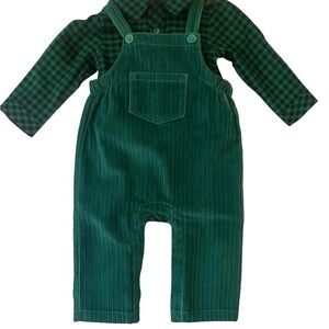 NEW Cat & Jack Sz 12 Months Green Plaid Shirt Corduroy Overalls Set